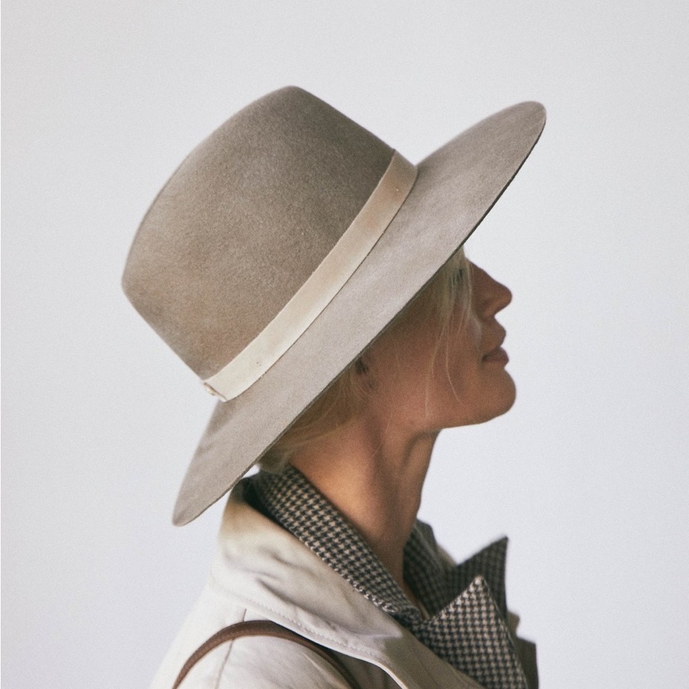 Janessa Leone Taupe Wool Wide-Brim Fedora with Cream Band